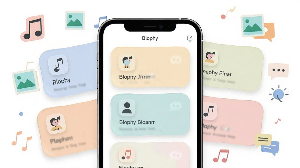 画面主体为 Blophy 应用的内容板块总览界面,手机屏幕中呈现多个圆角卡片式内容分区,每个卡片带有简洁图标与标题,屏幕外以扁平插画形式点缀音乐、图片、对话等娱乐内容符号,布局为手机居中展示、卡片错落环绕,风格为清新浅色扁平插画,细节包含淡雅配色与柔和投影,画质清晰干净、无多余元素,画面中可加入文字“Blophy”