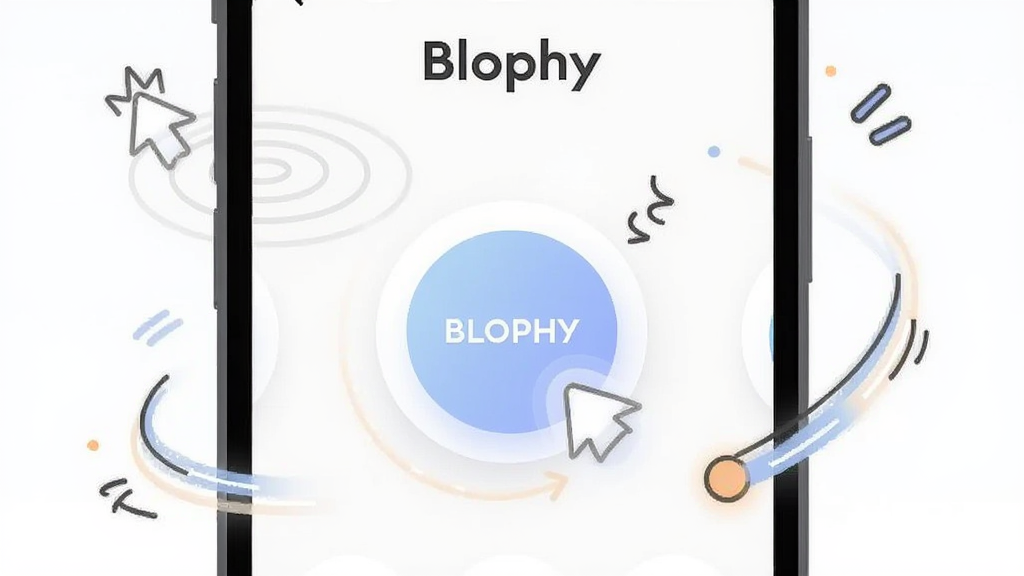 画面主体为 Blophy 应用中的互动功能界面特写,手机屏幕展示浅色背景下的圆形功能按钮与动态反馈效果,周围以简洁线条插画形式表现点击涟漪、滑动轨迹与轻快动效符号,布局为手机居中、元素环绕四周,风格为清爽扁平化插画,细节包含柔和渐变与圆角元素,画质清晰干净、无多余元素,画面中可加入文字“Blophy”