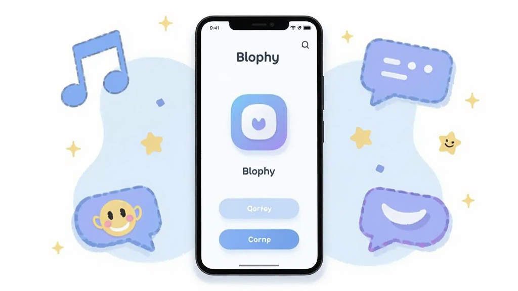 画面主体为一部竖屏安卓手机,手机屏幕中显示 Blophy 应用的浅色系主界面,界面中央有圆形图标与简洁按钮布局,手机周围以扁平化插画风格环绕若干娱乐互动元素如音符、笑脸、小星星与对话气泡,整体采用清新浅蓝与淡紫配色,排版为居中构图、手机略倾斜展示,风格为现代扁平化 UI 插画,细节包含柔和阴影与圆角卡片,画质清晰干净、无多余元素,画面中可加入文字“Blophy”作为应用标识
