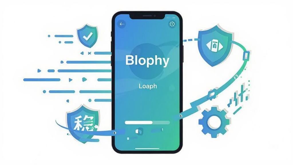 画面主体为 Blophy 应用运行状态示意图,手机屏幕显示流畅加载中的界面与进度指示,屏幕周围以扁平插画形式表现速度线条、稳定盾牌与优化齿轮等符号,布局为手机居中、动感线条环绕,风格为现代科技感扁平插画,细节包含蓝绿渐变与简洁图标,画质清晰干净、无多余元素,画面中可加入文字“Blophy”