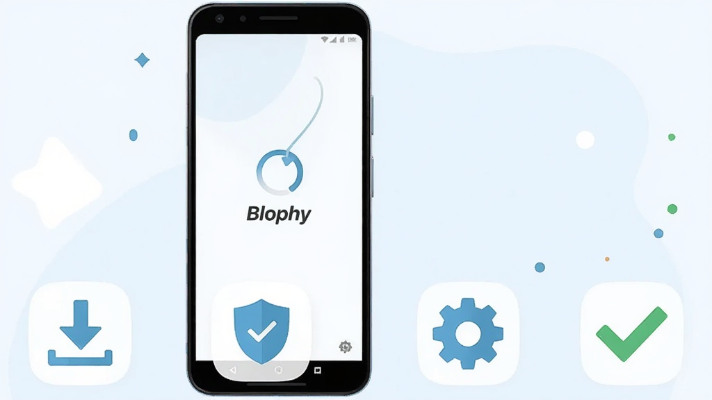 画面主体为一部安卓手机展示 Blophy 安装完成后的启动界面,屏幕中显示简洁的加载动画与“Blophy”标识,手机旁以扁平插画形式表现安装步骤图标如下载箭头、盾牌、齿轮与对勾符号,布局为手机居中、步骤图标横向排列于下方,风格为清新扁平化教程插画,细节包含浅蓝与白色主调、圆角图标,画质清晰干净、无多余元素