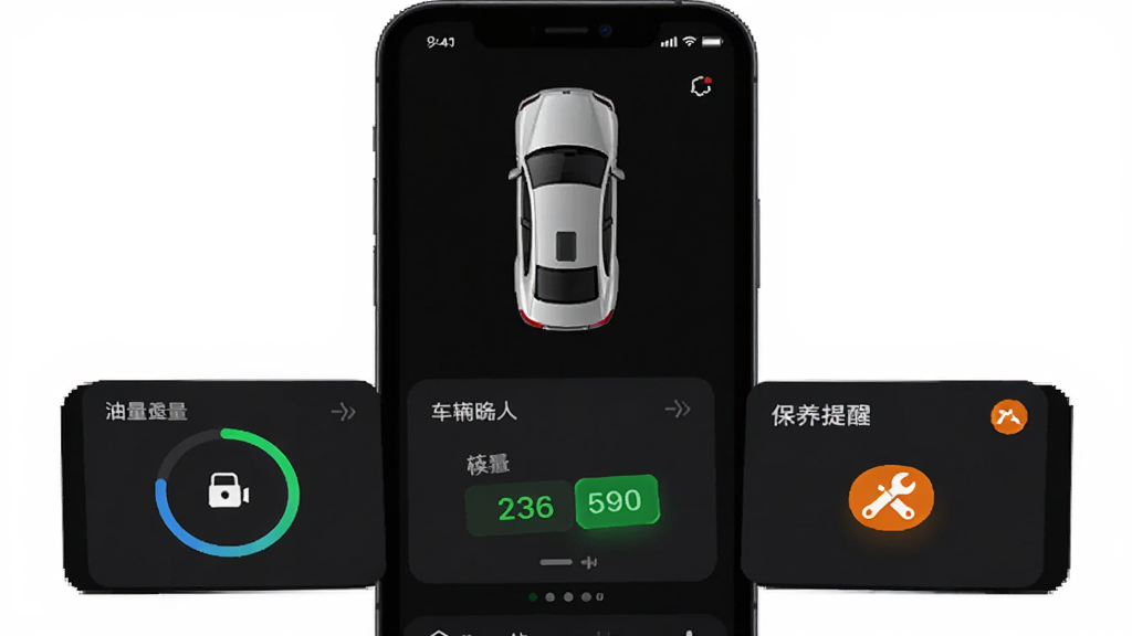 主体为手机屏幕展示现代plus应用首页的车辆状态卡片,布局为上方车辆俯视图、下方三张信息卡片横向排列,排版采用模块化仪表盘设计,风格为深色科技感界面,细节包括油量环形进度条、胎压数值绿色高亮、保养提醒图标为橙色小扳手,画质清晰干净,无多余元素