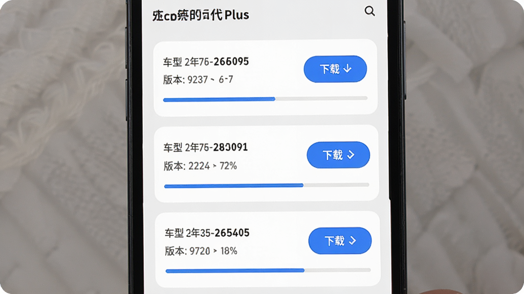 主体为手机屏幕显示现代plus应用内的升级包列表页面,布局为纵向列表排列,排版采用卡片式信息流,风格为清新扁平化UI风格,细节包括每个升级包卡片上标注车型年份与版本号、下载按钮为蓝色圆角矩形、进度条显示下载百分比,画质清晰干净,无多余元素
