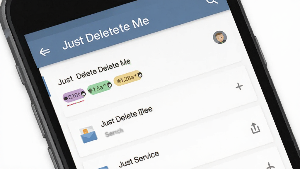 软件主界面展示,主体为手机屏幕中的 Just Delete Me 应用界面,布局为顶部标题栏与下方服务列表,排版清晰整齐,风格为现代简约扁平化设计,细节包括彩色难度标签与搜索图标,画质高清,画面干净,无多余元素