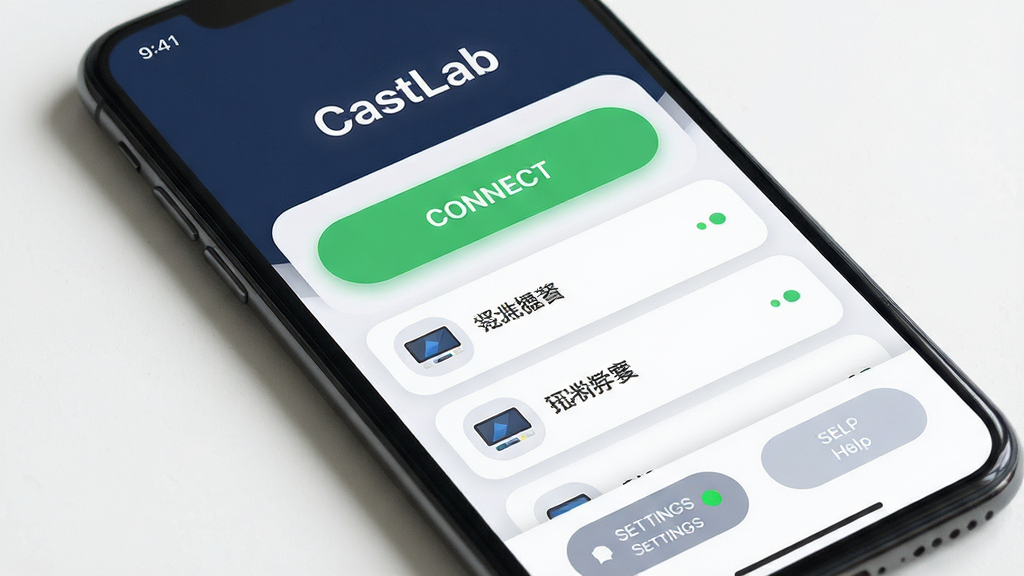 手机屏幕特写展示CastLab应用主界面,顶部为软件名称“CastLab”,中部为醒目的连接按钮与设备列表区域,底部为设置与帮助入口,布局上下分明,风格清爽简约,细节包含圆角按钮与状态指示灯,画质清晰干净无多余元素