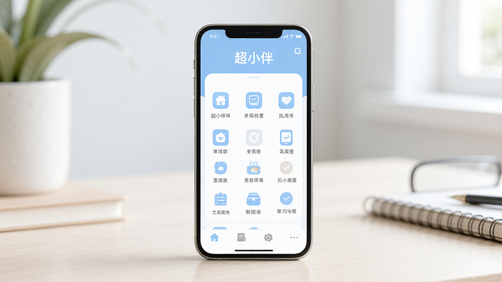 超小伴软件主界面展示图,画面中央放置一部智能手机,手机屏幕上显示超小伴应用首页,界面干净清爽,顶部有软件名称“超小伴”字样,下方为功能图标网格布局,整体风格温馨柔和,浅蓝色与白色搭配,背景为简洁的室内桌面场景,光线明亮柔和,画质清晰干净,无多余装饰元素