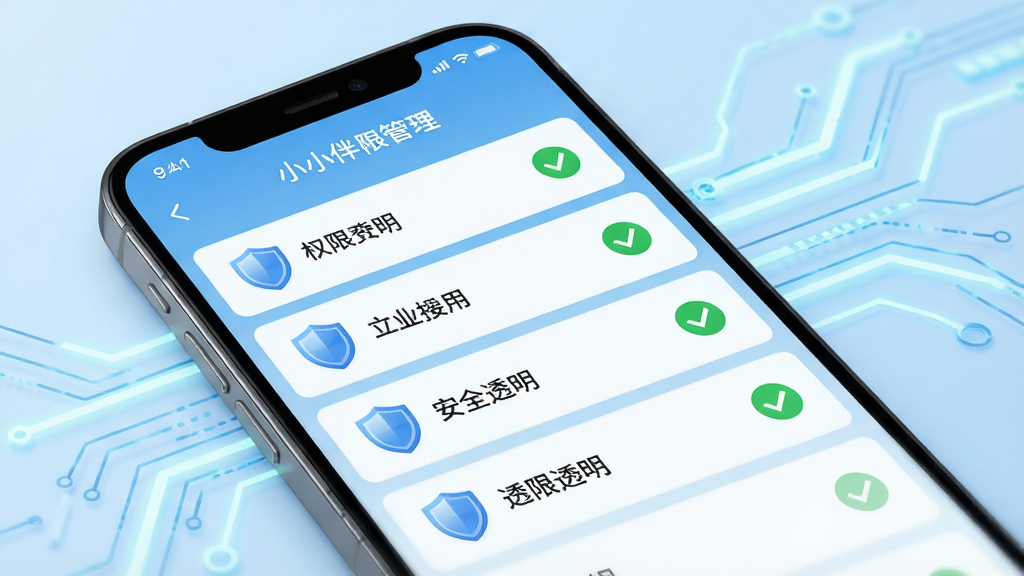 超小伴权限管理界面示意图,画面展示手机屏幕上的权限设置页面,各项权限以列表形式排列,旁边配有盾牌图标和绿色对勾标识,背景为浅蓝色科技感线条装饰,整体风格安全可靠,画质清晰干净,无多余元素,突出“安全”“透明”的视觉主题