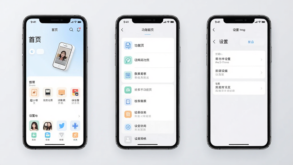 超小伴简洁界面布局展示图,画面中并排展示三部手机屏幕,分别呈现超小伴的首页、功能页和设置页,界面元素排列整齐,图标风格统一,配色以浅色系为主,背景为淡灰色渐变,整体风格清爽素雅,画质干净清晰,无多余文字和装饰