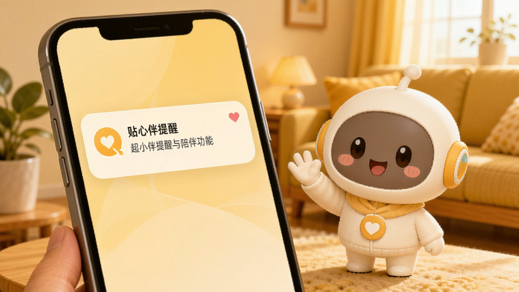 超小伴提醒与陪伴功能场景图,画面展示手机屏幕弹出温馨提醒通知,旁边有一位卡通风格的小助手形象微笑着挥手,背景为温暖的居家环境,色调柔和偏暖黄,整体氛围亲切自然,画质清晰干净,突出“贴心”“陪伴”的感觉