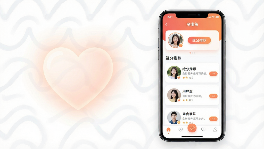 一张手机应用界面展示图,画面主体是一部竖屏智能手机,屏幕内呈现良缘角婚恋交友APP的主页,包含用户头像卡片、缘分推荐列表与底部导航栏,布局采用居中对称构图,排版上手机置于画面中央偏右,左侧留白处放置柔和的心形光晕装饰,风格为清新现代的UI展示风格,细节上屏幕内卡片圆角处理、头像清晰、按钮配色温暖,画质高清,画面干净,无多余元素