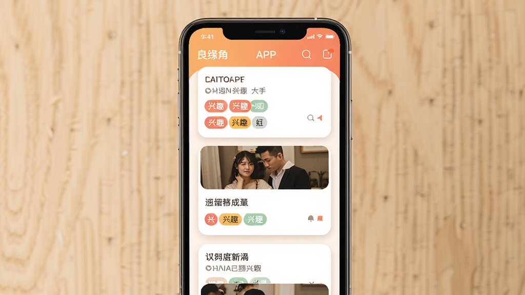 一张手机应用推荐列表界面图,画面主体是良缘角APP的同城推荐页面,屏幕内展示多张用户卡片排列成瀑布流,卡片上标注城市名称与兴趣标签,布局为手机居中放置,排版上卡片错落有致,风格为温暖社交类UI风格,细节上卡片带有轻微阴影与圆角,城市标签用高亮色块呈现,画质高清,画面干净,无多余元素