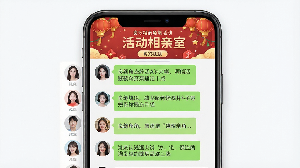 一张手机群聊界面展示图,画面主体是良缘角APP的线上相亲角活动聊天室,屏幕内显示群成员头像列表与聊天消息气泡,顶部有活动主题横幅,布局为手机屏幕居中,排版上消息气泡左右分列,风格为活泼社交UI风格,细节上活动横幅带有节日装饰元素,头像圆润清晰,画质高清,画面干净,无多余元素