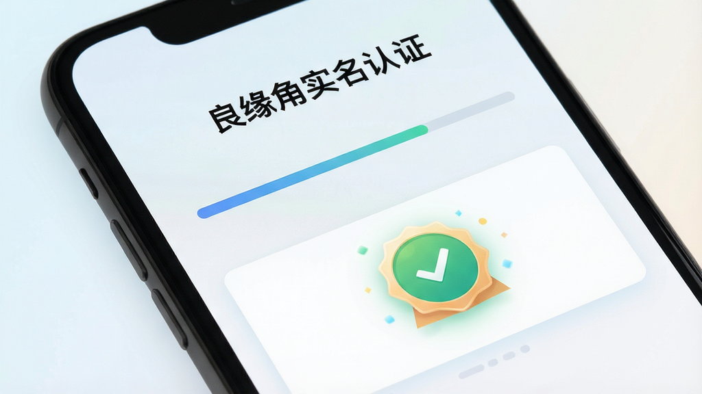 一张手机屏幕特写图,画面主体是良缘角APP的实名认证页面,屏幕中央显示认证进度条与审核通过标识,布局上手机屏幕占据画面主要区域,排版为上下结构,上方为标题文字