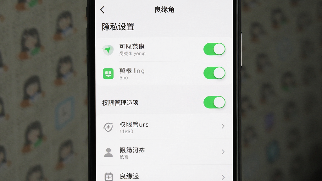 一张手机设置界面图,画面主体是良缘角APP的隐私设置页面,屏幕内展示可见范围开关与权限管理选项列表,布局为手机屏幕占据画面主体,排版上选项列表纵向排列,风格为简约工具类UI风格,细节上开关按钮带有绿色高亮状态,图标线条简洁,画质清晰,画面干净,无多余元素