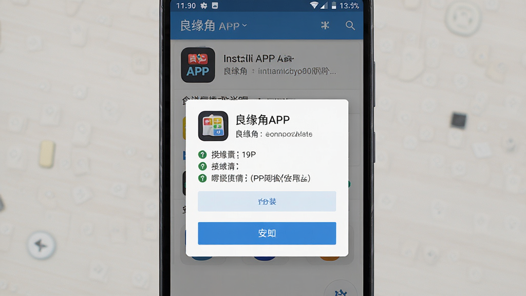 一张手机安装界面示意图,画面主体是安卓手机屏幕显示良缘角APP安装确认弹窗,屏幕内包含应用图标、权限说明列表与安装按钮,布局为手机居中放置,排版上弹窗占据屏幕中央,风格为系统原生UI风格,细节上安装按钮为蓝色高亮,权限图标清晰可辨,画质高清,画面干净,无多余元素