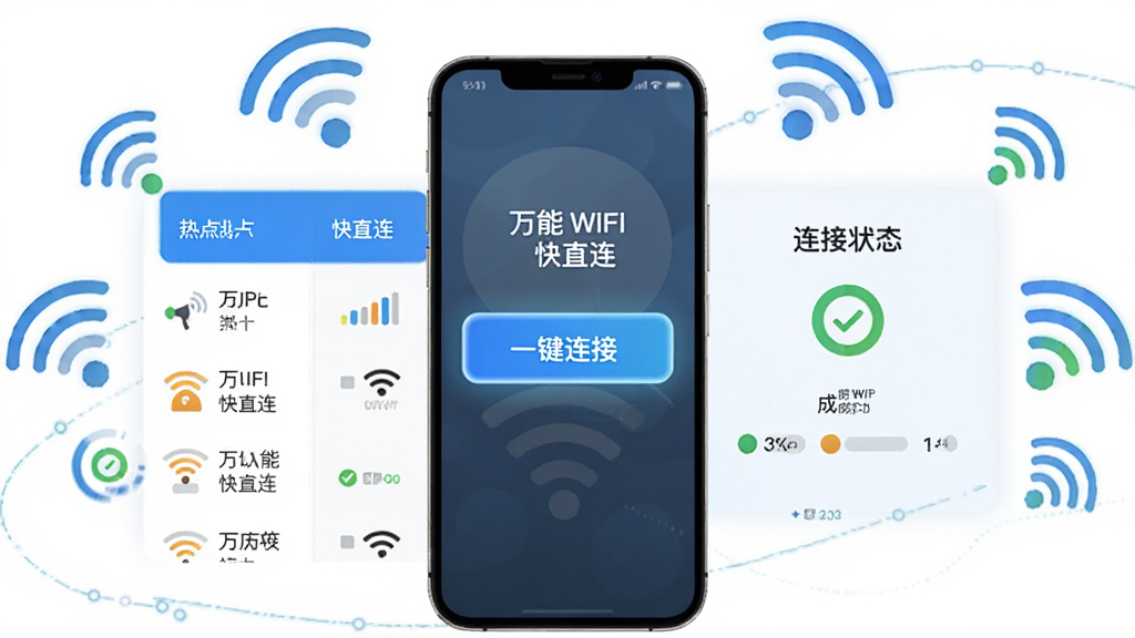 画面主体为一部手机与周围多个WiFi信号图标,手机屏幕显示万能WiFi快直连的一键连接按钮,按钮高亮醒目,布局采用左右分区,左侧为热点列表右侧为连接状态,风格为现代扁平化科技风,细节包含信号强度条与连接成功对勾标识,画质清晰,干净无多余元素