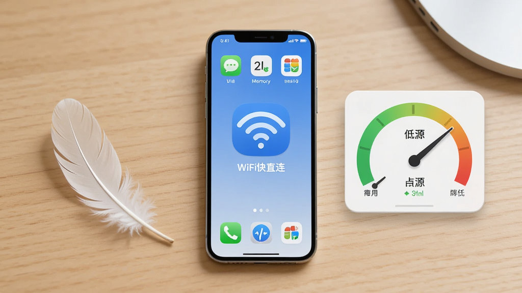 画面展示一部手机在桌面上运行万能WiFi快直连,手机旁边有轻量化的羽毛与资源占用仪表盘元素,仪表盘指针指向低占用区域,布局为居中构图,风格清爽简约,细节包含应用图标与内存占用小图标,画质清晰,干净无多余元素