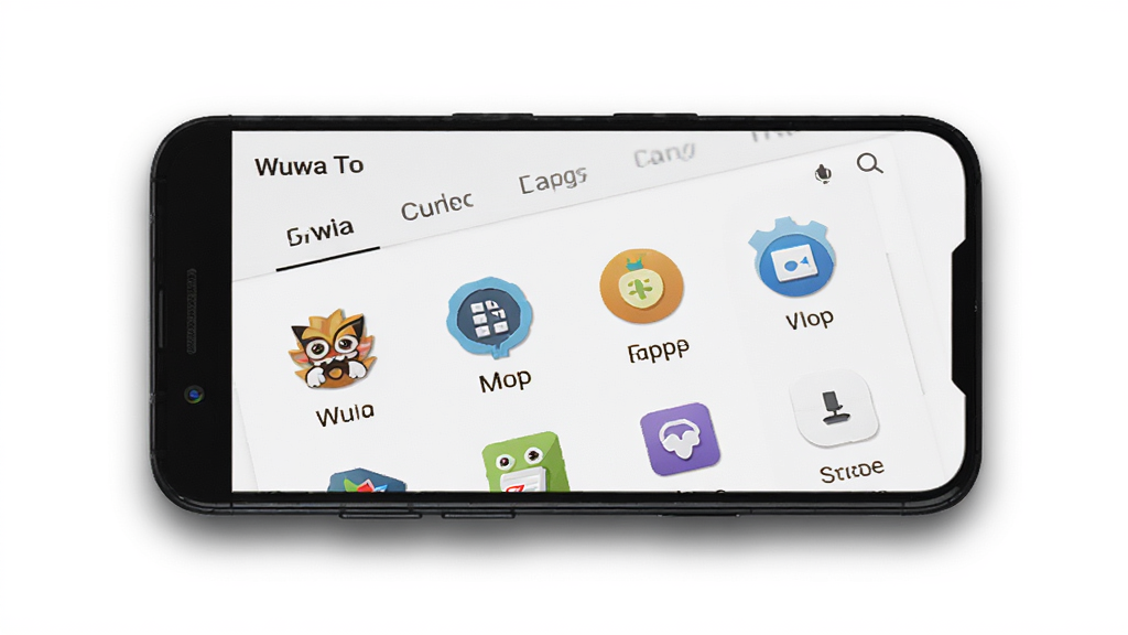 展示Wuwa Tappo Android版界面的手机特写,屏幕中可见清晰的分类标签和图标列表,背景为纯白色,手机边缘有柔和阴影,画面采用极简风格,构图居中,细节锐利,画质干净高清,无多余装饰元素