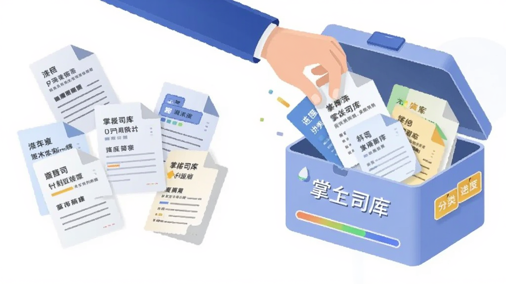 画面主体为一只手将散落的文档图标收拢进一个标有“掌上司库”字样的虚拟收纳盒中,布局为左侧散落文件、右侧收纳盒,排版呈左右对比动势,风格为简洁扁平化矢量插画,细节包含文件图标上的文字标签、收纳盒上的分类标签与进度标识,画质清晰干净无多余元素