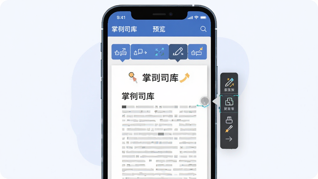 画面主体为手机屏幕展示“掌上司库”文档预览界面,屏幕内有一份打开的文档与悬浮的标注工具条,布局为手机居中、工具条位于屏幕右侧,排版突出预览区域,风格为现代扁平化办公场景插画,细节包含界面文字“掌上司库”、文档标题栏与标注图标,画质清晰干净无多余元素