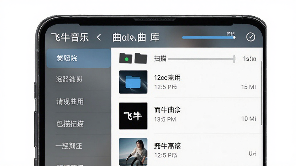 飞牛音乐本地曲库扫描功能展示图,主体为手机屏幕内的音乐列表界面,布局为左侧分类标签、右侧歌曲列表,排版采用上下结构,风格为清爽浅色系应用界面,细节包含扫描进度条、文件夹图标与歌曲时长信息,画质清晰、画面干净、无多余元素
