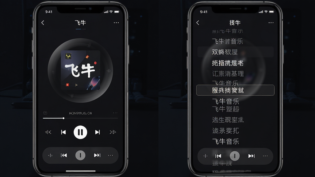 飞牛音乐播放界面与歌词页展示图,主体为两部并排的手机,分别显示播放控制页与滚动歌词页,布局为左右对称排列,排版整齐,风格为夜间深色主题的应用展示风,细节包括专辑封面圆形旋转效果、高亮歌词行与半透明控制栏,画质高清、画面干净、无多余元素