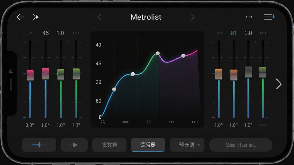Metrolist音乐播放器的均衡器调节界面,主体为手机屏幕上的频段滑块与音效预设列表,布局为顶部标题、中部曲线图、底部预设按钮,排版对称均衡,风格为深色专业音频工具风,细节包含彩色频段滑块、数值刻度、发光曲线,画质高清干净无多余元素