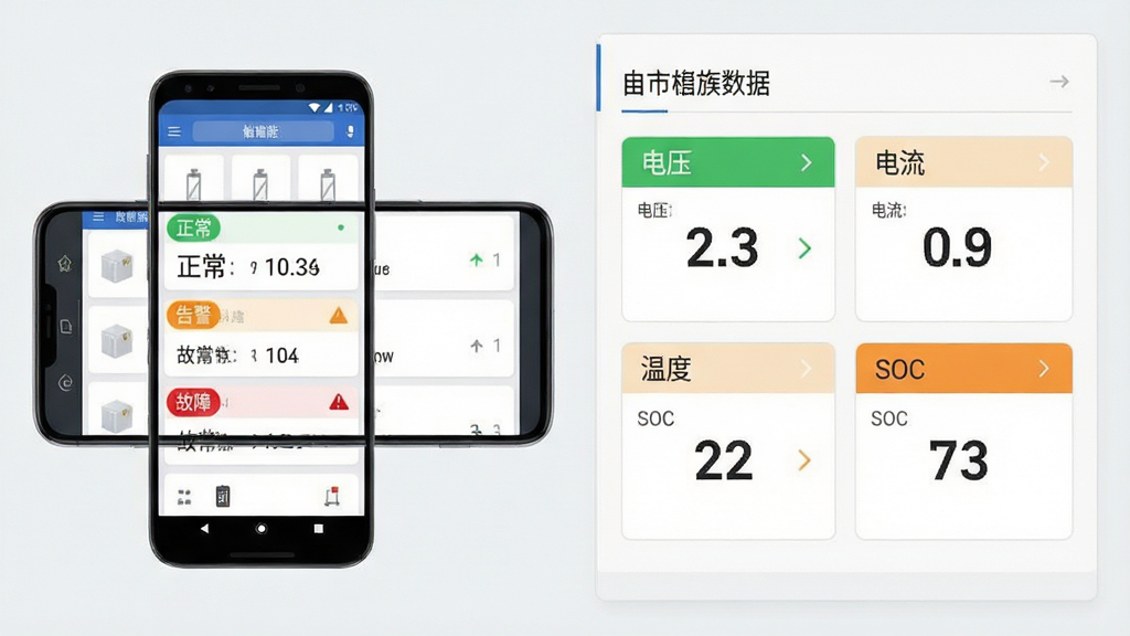 储能管家实时监控功能展示图,画面左侧为一部横屏安卓手机,屏幕显示三座储能站点的状态卡片列表,分别用绿色“正常”、橙色“告警”、红色“故障”标签区分,画面右侧为放大的电池簇数据面板,包含电压、电流、温度、SOC四个数值卡片,整体布局左手机右面板,风格为清爽商务信息图,细节有浅灰色背景与细线分隔,画质干净清晰,无多余元素