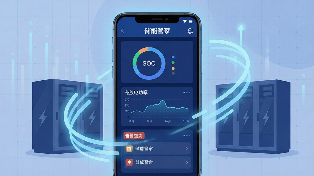 储能管家手机应用主界面展示,画面中央是一部竖屏安卓手机,屏幕内呈现深蓝色调的储能电站监控仪表盘,包含电池簇SOC环形图、充放电功率曲线和告警列表三个卡片式模块,界面顶部有“储能管家”白色文字标识,手机周围环绕淡蓝色数据流动线条与储能电池柜剪影,布局居中对称,风格为科技感扁平化UI插画,细节包含细网格背景与柔和光晕,画质清晰干净,无多余装饰元素