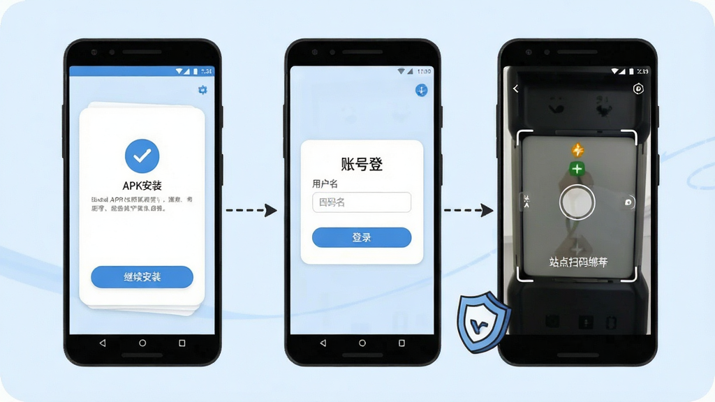 储能管家安装与登录操作示意图,画面为一部安卓手机竖屏展示,屏幕内分三步呈现:第一步显示APK安装界面带“继续安装”按钮,第二步显示账号登录框含用户名密码输入栏,第三步显示站点扫码绑定页面带摄像头取景框,三步之间用虚线箭头连接,手机旁配一个小盾牌图标表示安全提示,布局为竖向流程式,风格为简洁教程插画,细节有浅蓝底色与圆角卡片,画质清晰干净,无多余元素