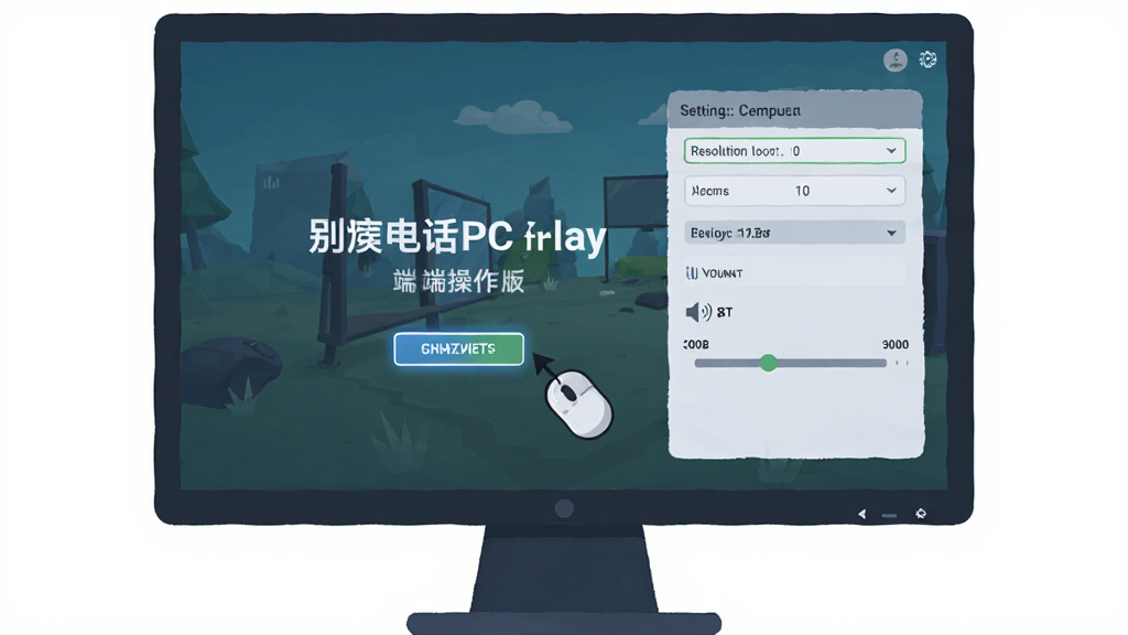 一张展示别接电话PC试玩电脑版电脑端操作界面的图片,画面为电脑显示器正视图,屏幕中显示游戏主菜单与设置面板,旁边有鼠标图标指向按钮,布局为居中展示,风格为简洁科技感扁平插画,细节包括分辨率选项和音量滑块,画质清晰,干净,无多余元素