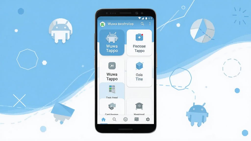 一张展示Wuwa Tappo Android版应用主界面的手机屏幕渲染图,画面中央是一部竖屏安卓手机,屏幕内显示整洁的功能卡片布局与底部导航栏,手机周围环绕简洁的几何图标与线条装饰,整体采用浅蓝与白色配色,风格清爽现代,细节上突出应用图标与界面层级,画质清晰干净,无多余元素
