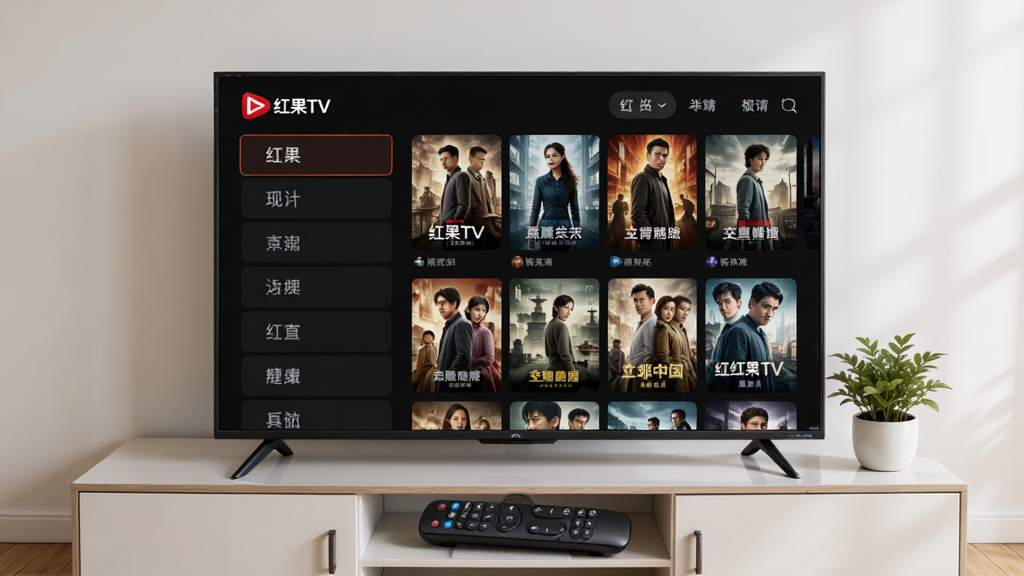 画面主体是一台放置在客厅电视柜上的智能电视,电视屏幕中显示红果TV的卡片式频道列表界面,界面左侧为频道分类栏,右侧为影视海报网格,电视前方摆放遥控器和一盆绿植,背景为浅色墙面与木质地板,整体布局居中对称,风格为现代简约家居实拍感,细节包含电视边框反光、遥控器按键纹理、海报色彩层次,画质清晰干净,无多余元素