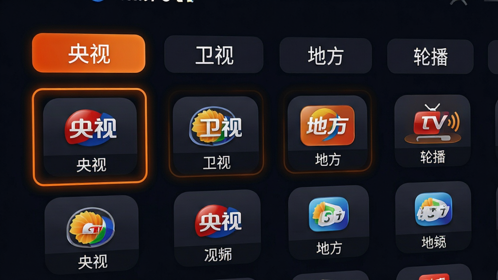 画面主体为红果TV的频道分类界面特写,屏幕中显示“央视”“卫视”“地方”“轮播”四个分类标签,标签下方为频道图标网格,每个图标带有频道名称文字,界面采用深色背景配橙色高亮选中框,布局为上下结构,风格为电视端UI界面展示图,细节包含图标圆角、高亮光效、文字清晰度,画质干净锐利,无多余元素