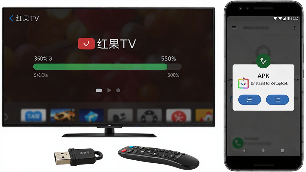 画面主体为一台智能电视屏幕显示红果TV安装进度条界面,电视下方放置一个U盘和遥控器,旁边有一部安卓手机屏幕显示APK安装提示弹窗,布局为左右对比构图,风格为数码产品使用教程配图,细节包含进度条百分比数字、U盘金属接口、手机弹窗按钮,画质清晰明亮,无多余元素