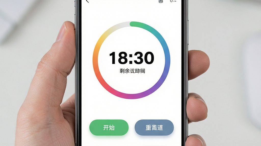 主体为手机界面截图,显示倒计时设置面板,中央有圆形进度条与剩余时间数字,下方有开始与重置按钮。布局为竖向排版。风格为功能性应用界面展示。细节上进度条带有渐变色彩,数字字体粗壮醒目,按钮为圆角矩形。画质清晰,画面干净,突出操作区域。