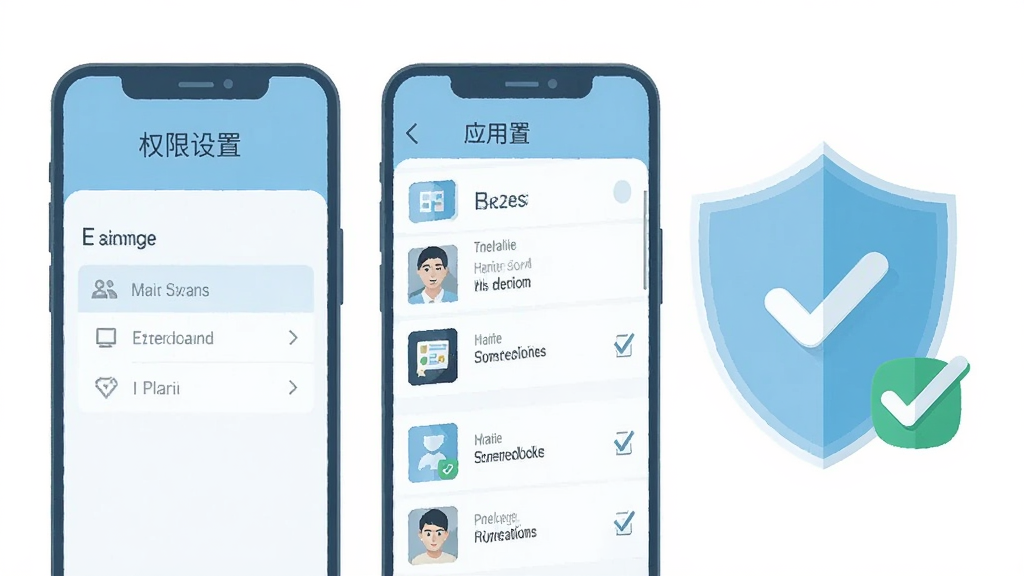 手机屏幕显示权限设置页面与应用列表界面,旁边有盾牌图标与勾选标记,扁平化插画风格,浅蓝与白色配色,布局清晰,细节简洁,画质干净高清,无多余元素