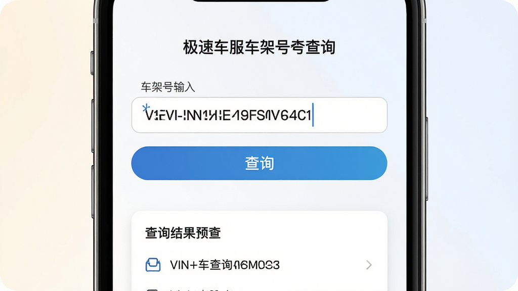 一张展示极速车服车架号查询功能的界面示意图,画面主体为手机屏幕特写,屏幕中央是车架号输入框与查询按钮,输入框内显示一串VIN码字符,下方有查询结果预览卡片,背景为浅色渐变,风格清爽简约,布局居中对称,画质干净清晰,无多余装饰元素