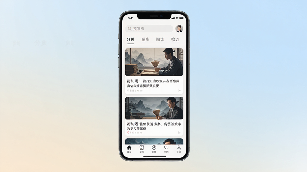 衍知阁手机应用界面展示,画面中央是一部竖屏智能手机,屏幕上呈现衍知阁应用的首页阅读列表界面,布局清晰,上方为搜索栏与分类标签,中部为图文混排的内容卡片,底部为导航栏,整体采用浅色清爽风格,细节精致,画质干净,无多余元素,背景为柔和渐变色,适合软件下载站展示