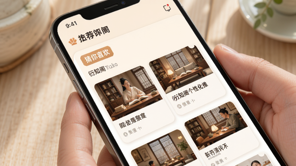 衍知阁个性化推荐功能展示,画面为手机屏幕内呈现推荐内容流,带有