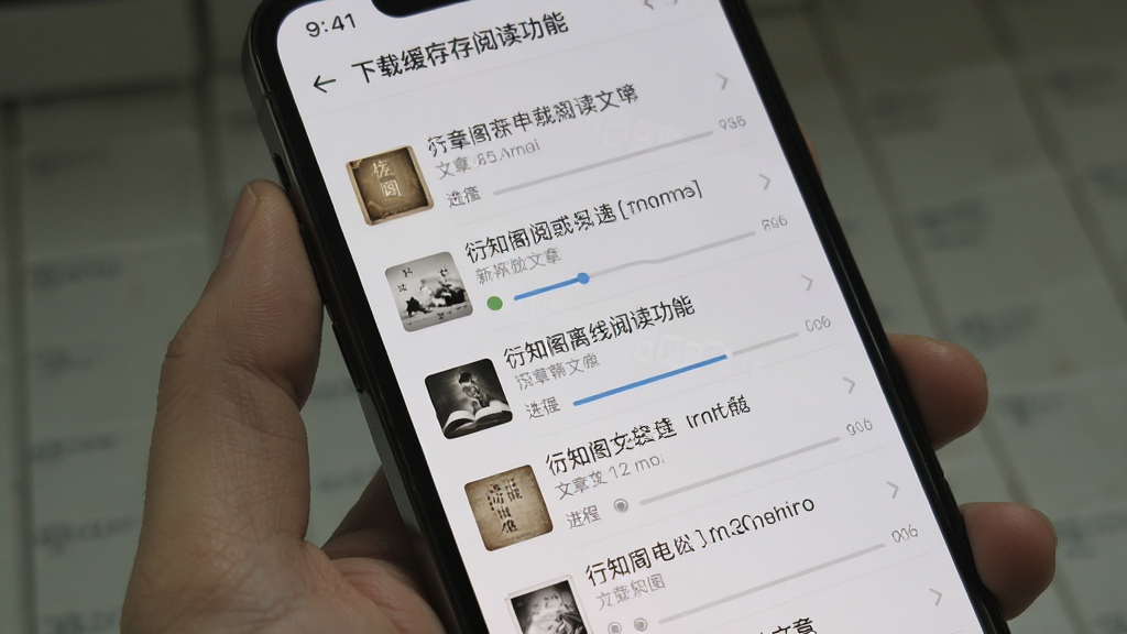 衍知阁离线阅读功能界面,手机屏幕显示下载缓存管理页面,列表中有已缓存的文章条目与进度状态,界面干净整洁,浅灰色调,细节清晰,画质干净,无多余元素
