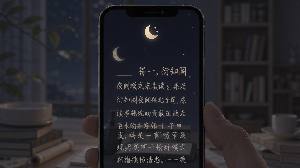 衍知阁夜间模式阅读界面,手机屏幕呈现深色背景与柔和文字排版,页面顶部有月亮图标,整体氛围安静舒适,细节精致,画质干净,无多余元素