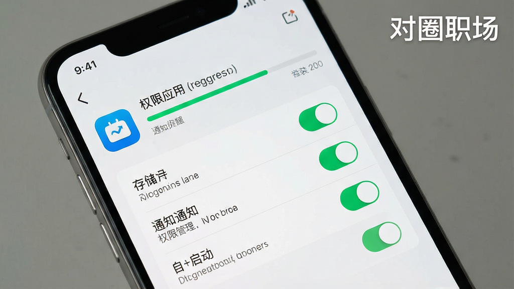 一张展示手机应用安装与权限设置界面的示意图,画面为手机屏幕特写,屏幕上呈现应用安装进度条与权限管理选项列表,包含存储、通知、自启动等开关按钮,背景为浅灰色,整体风格简洁实用,排版清晰,细节包括图标、文字说明、开关状态,画质干净,画面中带有