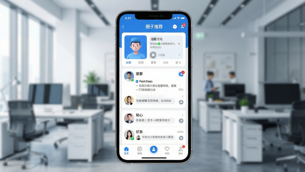 一张展示职场社交应用界面的手机屏幕渲染图,画面中央是一部竖屏智能手机,屏幕上显示对圈职场应用的主页面,包含圈子推荐、话题讨论、用户头像列表等元素,背景为现代办公场景虚化处理,整体采用清新蓝白配色,排版简洁有序,风格现代商务,细节包括图标按钮、消息提醒角标、底部导航栏,画质清晰干净,无多余装饰元素
