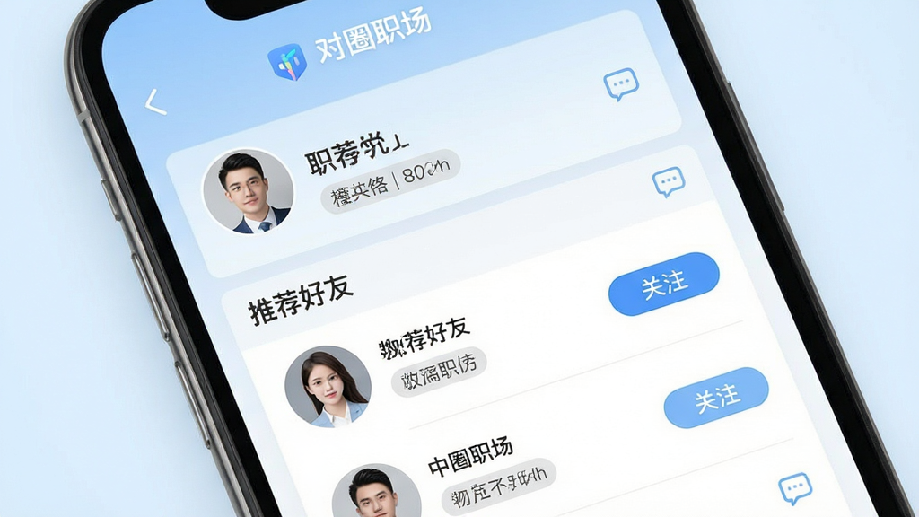 一张展示职场人脉网络的应用界面示意图,画面为手机屏幕特写,屏幕上呈现用户个人主页与推荐好友列表,包含头像、职位标签、关注按钮等元素,背景为淡蓝色渐变,整体风格清爽简约,排版整齐,细节包括标签文字、互动按钮、消息图标,画质清晰干净,画面中带有