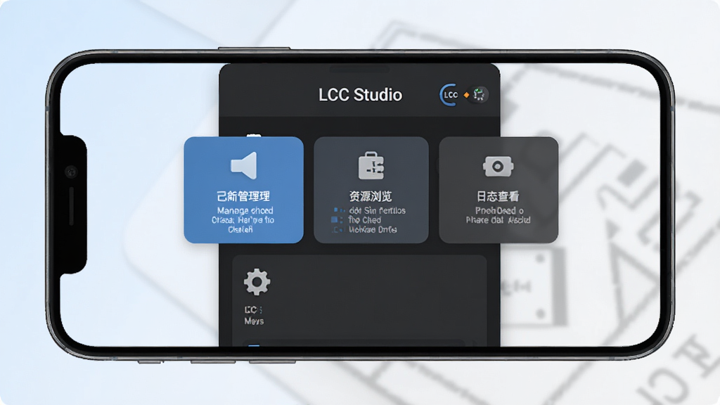 һ��չʾLCC Studio������������ֻ���Ļ��ͼ��������������ɫ�����Ӧ����壬������ʾ�������ơ�LCC Studio�����·����������ù�������Դ�������־�鿴�������ܿ�Ƭ�����������ִ�������������ɫ������Ϊǳɫ���䣬����ɾ��޶���Ԫ�أ����廭��