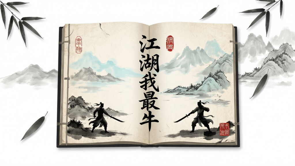 主体为一本摊开的古旧线装书,书页上浮现出淡淡的墨色山水与武侠人物剪影,书页中央竖排写着“江湖我最牛”五个书法字体;布局为书本居中、四周留白,辅以几片飘落的竹叶与远处山峦的水墨轮廓;排版上文字居中突出、视觉重心稳定;风格为中国风水墨插画,色调以米白、墨黑、淡青为主;细节包括书页纹理、毛笔笔触、印章点缀;画质清晰干净,无多余元素,整体简洁大气