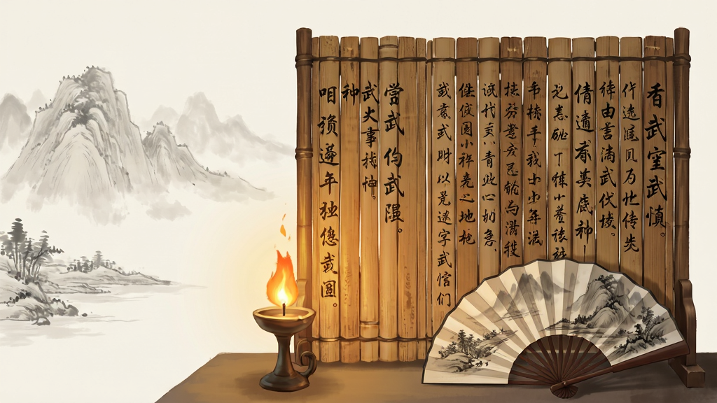 画面主体为一块竖立的竹简屏风,竹简上以墨字书写武侠剧情片段,屏风前摆放一盏油灯与一把折扇;布局为屏风占据画面中央偏右,左侧留出淡墨山水背景;排版简洁,文字区域清晰;风格为古风文人书房插画;细节包括竹简纹理、灯火暖光、扇面山水;画质细腻干净,无多余元素