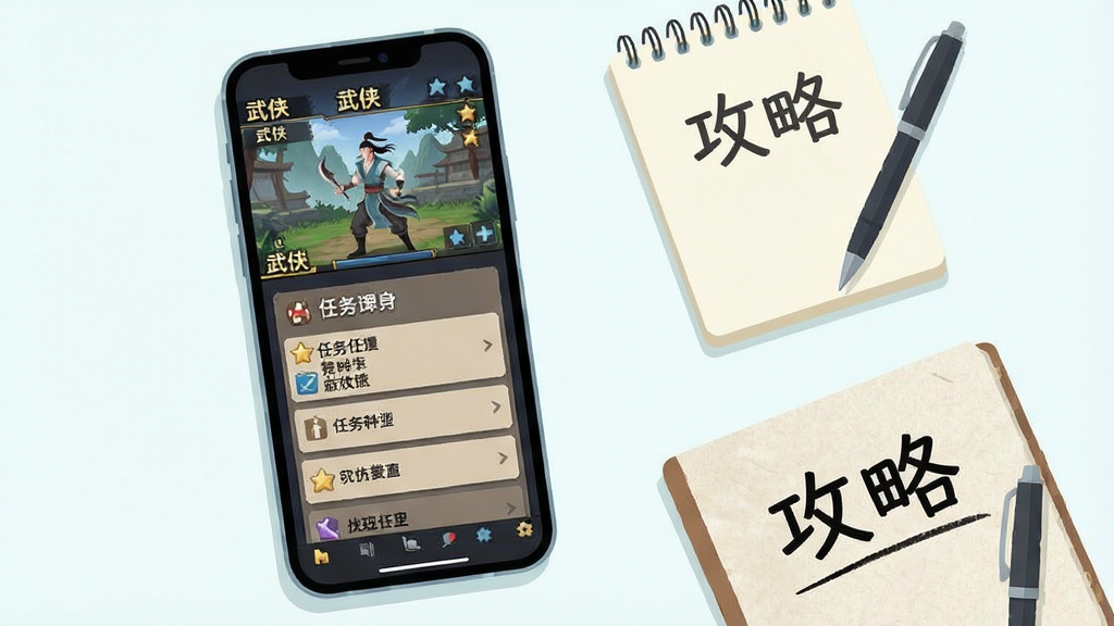 主体为一部竖屏手机,屏幕上显示文字武侠游戏界面与任务列表,手机旁边放着一个小本子和一支笔,本子上写着“攻略”二字;布局为手机居中偏左、本子位于右下;排版上手机屏幕内容清晰可读;风格为清新扁平插画;细节包括手机边框、界面文字块、本子纸张质感;画质干净清晰,无多余元素