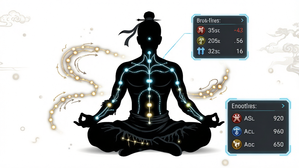 主体为一个打坐的武侠人物剪影,身体周围浮现出发光的经络线条与穴位光点,旁边悬浮着属性数值面板;布局为人物居中、经络环绕、面板位于右下角;排版上人物与数据形成左右呼应;风格为科技感与古风结合的数字插画;细节包括经络走向、光点明暗、面板文字;画质清晰干净,无多余元素